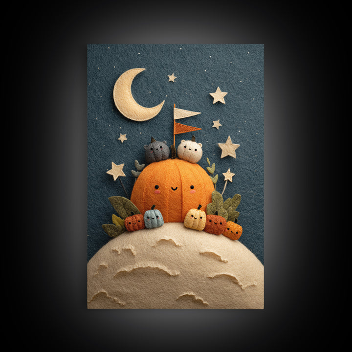 The Pumpkin Moon Expedition, Felt Halloween Art, Vertical Wall Art, Canvas Print, Cute Halloween Wall Art