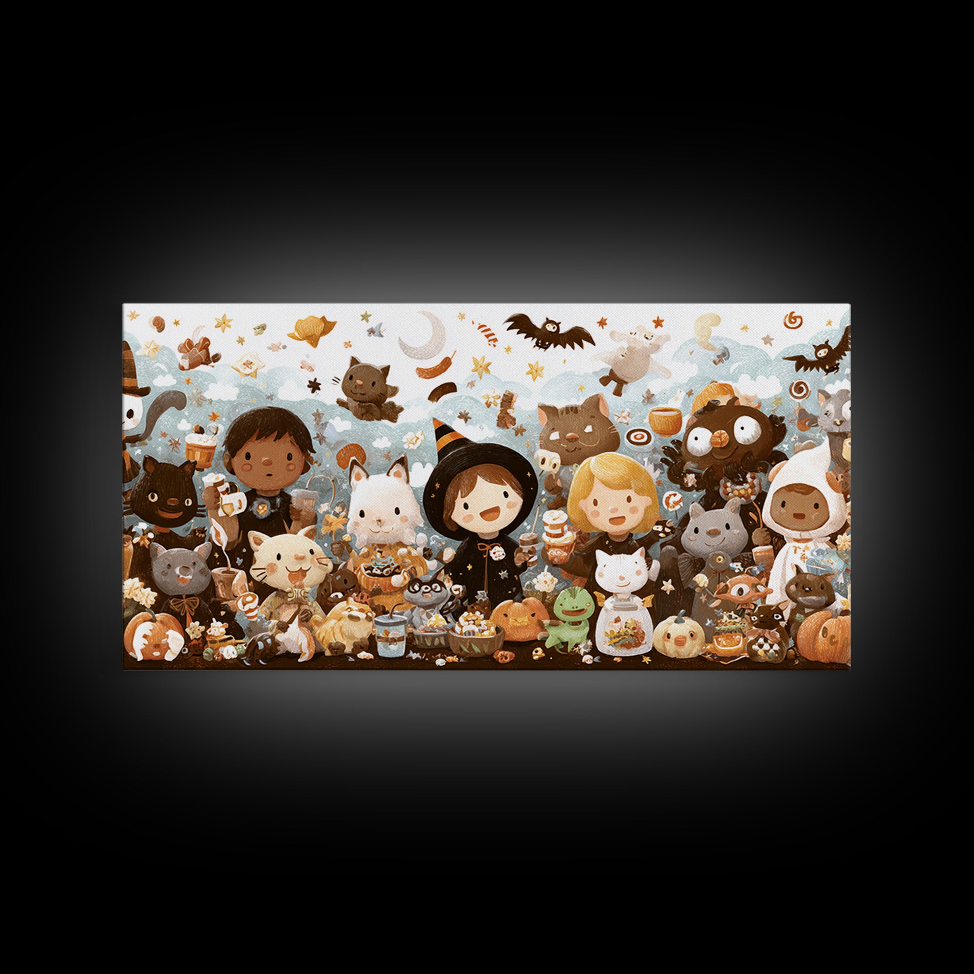 The Friendly Familiar Club, Kawaii Halloween Art, Wide Panoramic Art, Framed Canvas Print, Cute Halloween Wall Art