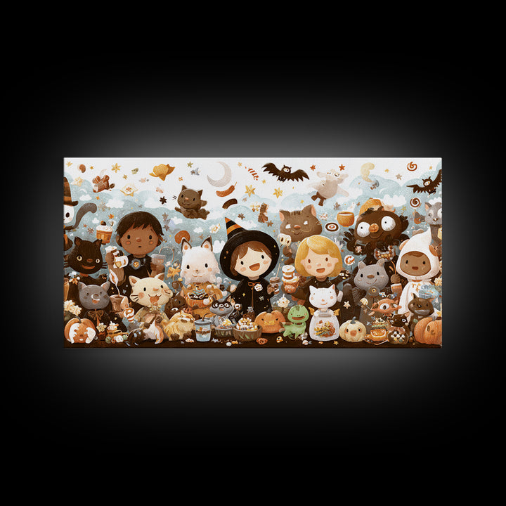 The Friendly Familiar Club, Kawaii Halloween Art, Wide Panoramic Art, Framed Canvas Print, Cute Halloween Wall Art
