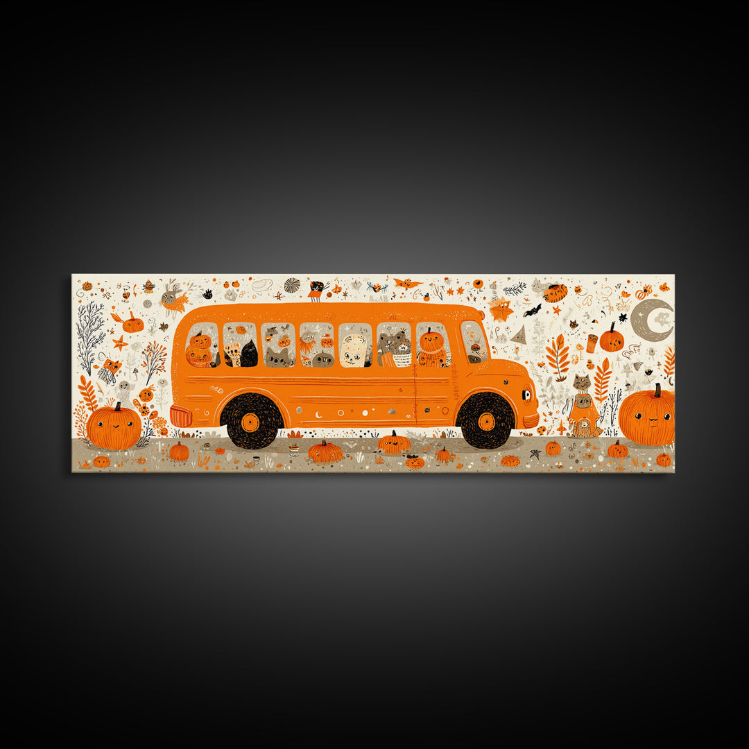 The Pumpkin School Bus, Retro Halloween Art, Extra Wide Wall Art, Canvas Print, Cute Halloween Wall Art