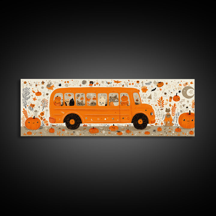 The Pumpkin School Bus, Retro Halloween Art, Extra Wide Wall Art, Canvas Print, Cute Halloween Wall Art