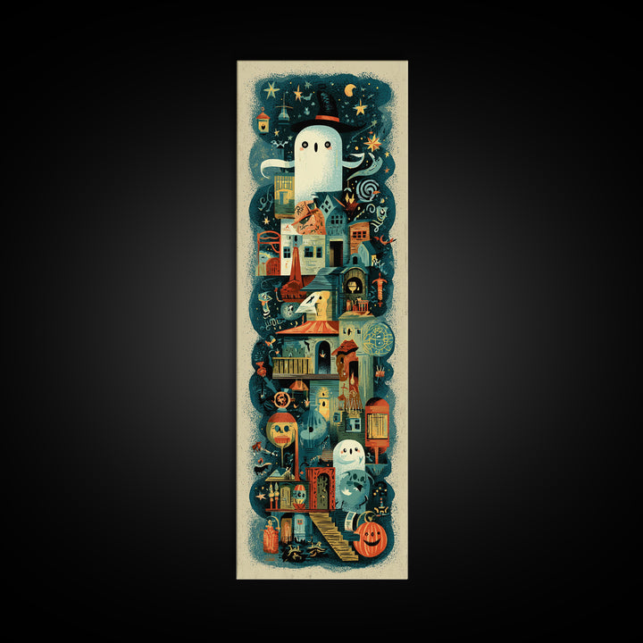The Ghost Mail Carrier, Screenprint Halloween Art, Tall Narrow Wall Art, Framed Canvas Print, Cute Halloween Wall Art