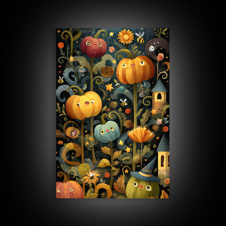 The Pumpkin Flower Garden, Folk Halloween Art, Vertical Wall Art, Canvas Print, Cute Halloween Wall Art