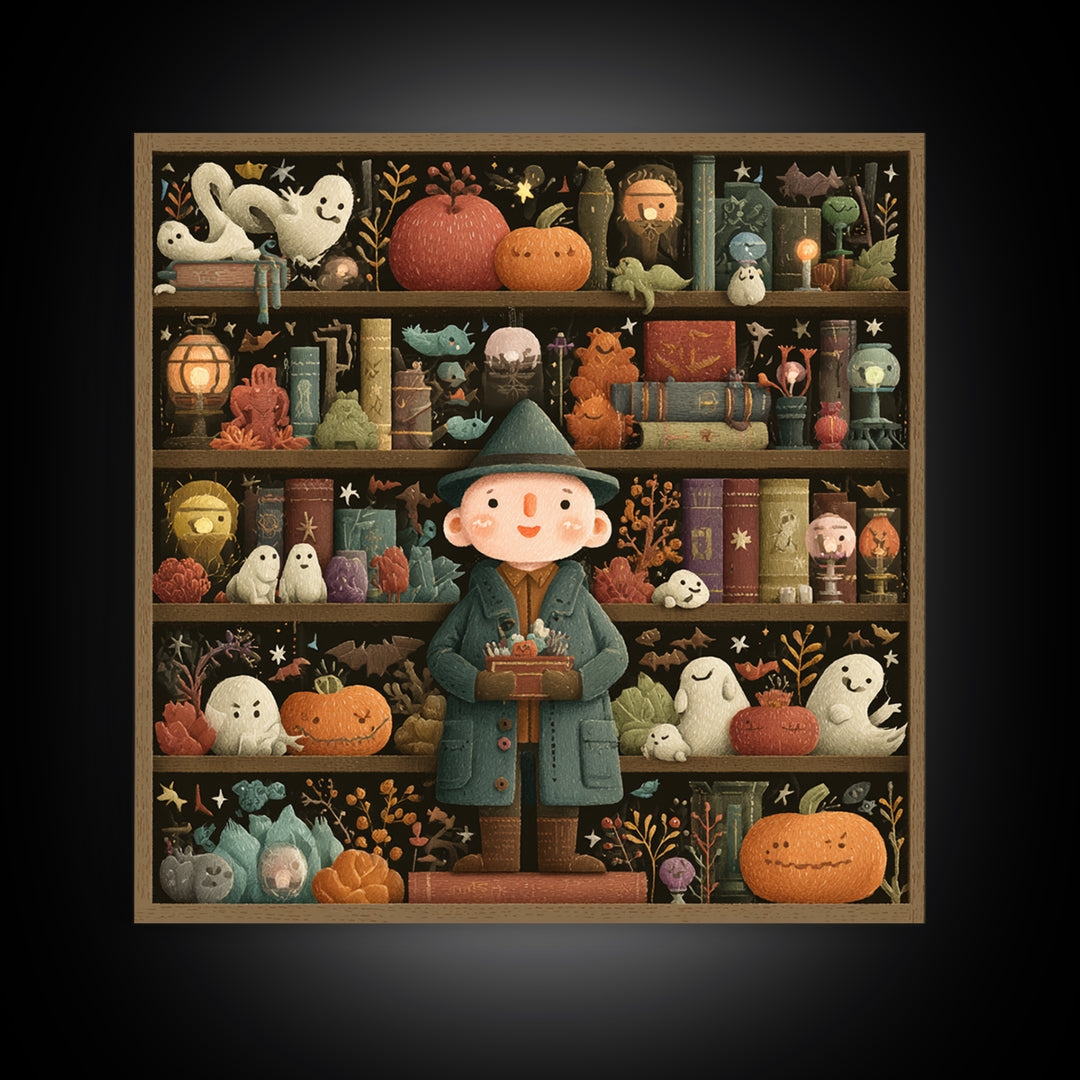 The Archivist Of Dreaming Bones, Embroidered Halloween Art, Square Wall Art, Canvas Print, Cute Halloween Wall Art