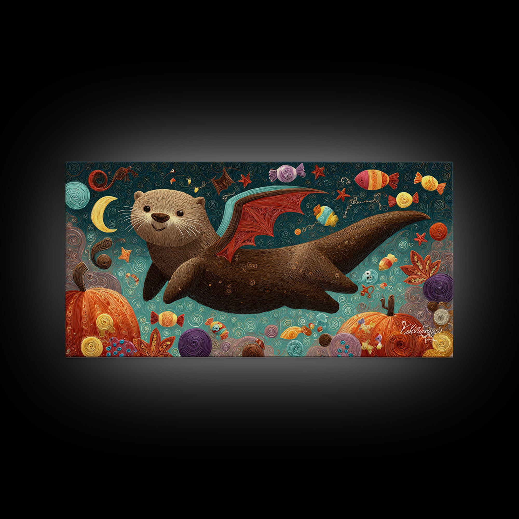 The Bat-Winged Otter, Quilled Halloween Art, Wide Panoramic Art, Framed Canvas Print, Cute Halloween Wall Art