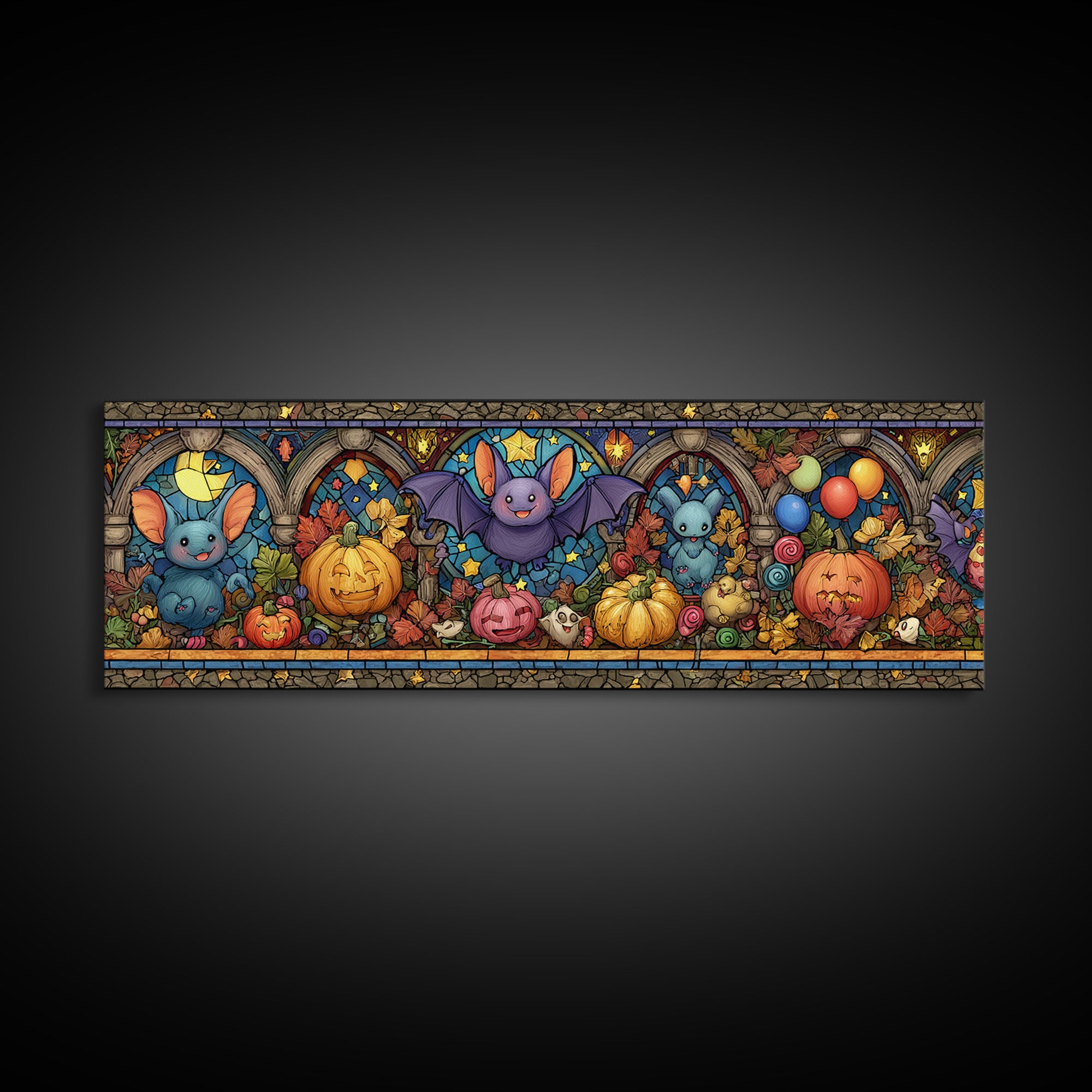The Bat Balloon Factory, Stained Glass Halloween, Extra Wide Wall Art, Canvas Print, Cute Halloween Wall Art
