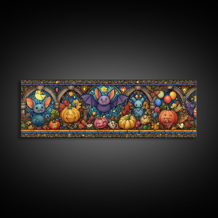 The Bat Balloon Factory, Stained Glass Halloween, Extra Wide Wall Art, Canvas Print, Cute Halloween Wall Art