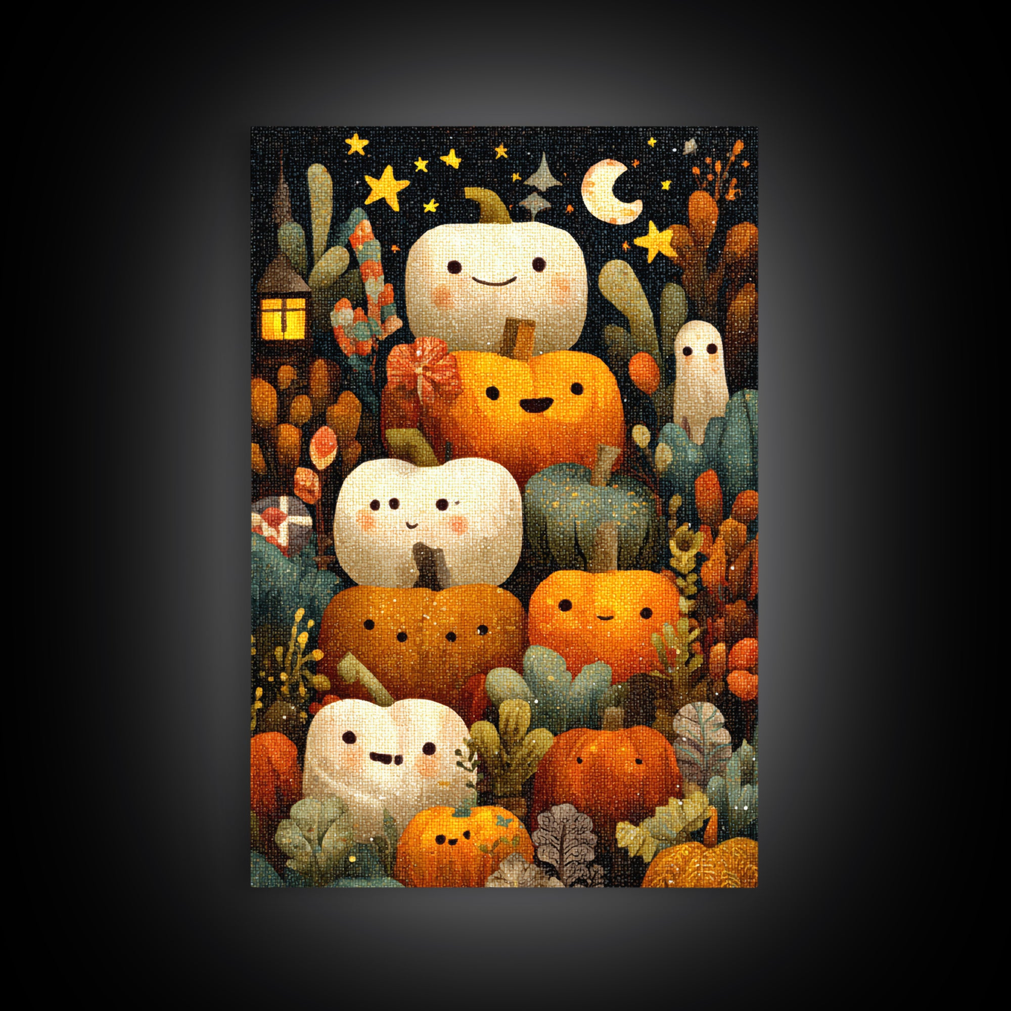 The Pumpkin Painting Party, Pixel Halloween Art, Vertical Wall Art, Canvas Print, Cute Halloween Wall Art