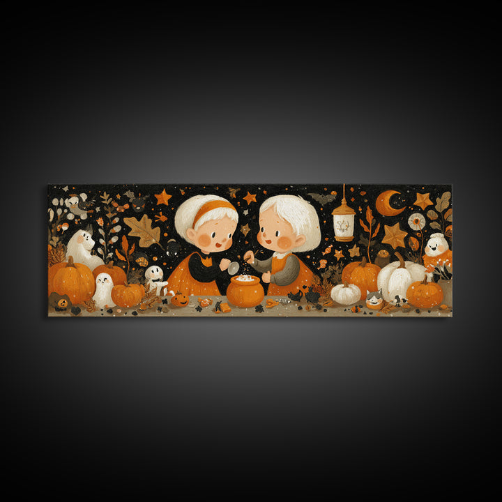 The Pumpkin Potion Twins, Gouache Halloween Art, Extra Wide Wall Art, Canvas Print, Cute Halloween Wall Art