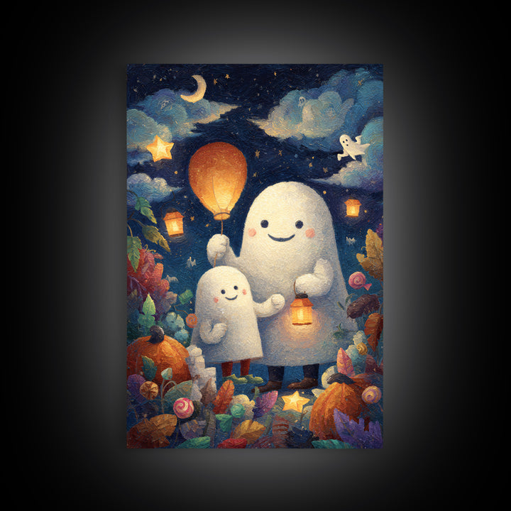 The Ghost Balloon Friend, Pastel Halloween Art, Vertical Wall Art, Canvas Print, Cute Halloween Wall Art