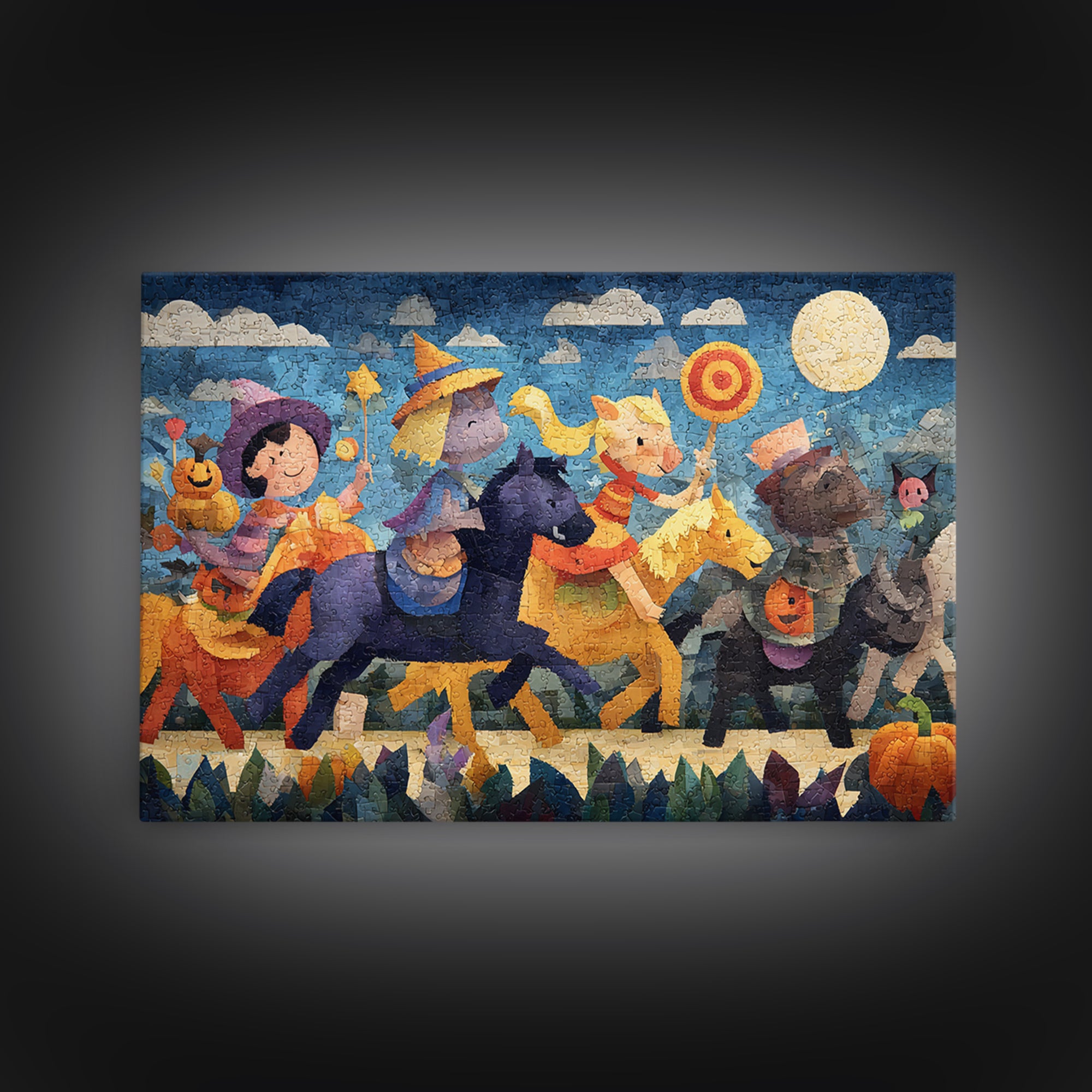The Halloween Pet Parade, Paper Collage Halloween, Landscape Wall Art, Framed Canvas Print, Cute Halloween Wall Art