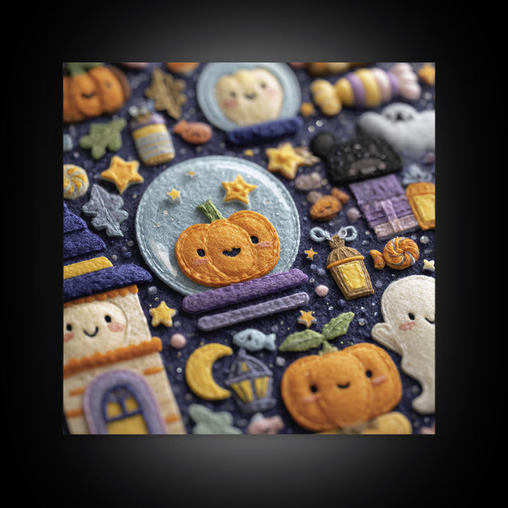 The Halloween Bubble Village, Felt Halloween Art, Square Wall Art, Canvas Print, Cute Halloween Wall Art