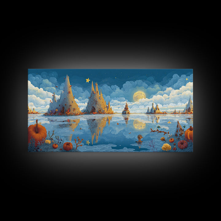 The Frost Beyond Carcosa, Clay Halloween Art, Wide Panoramic Art, Framed Canvas Print, Cute Halloween Wall Art