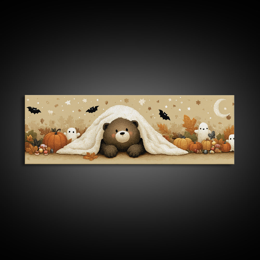 The Bear Cub Ghost, Plush Halloween Art, Extra Wide Wall Art, Canvas Print, Cute Halloween Wall Art, Cozy Autumn Kids Decor