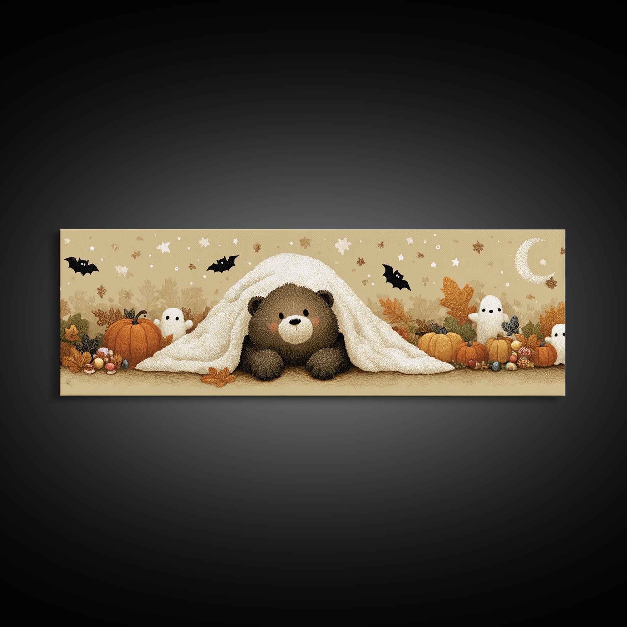 The Bear Cub Ghost, Plush Halloween Art, Extra Wide Wall Art, Canvas Print, Cute Halloween Wall Art, Cozy Autumn Kids Decor