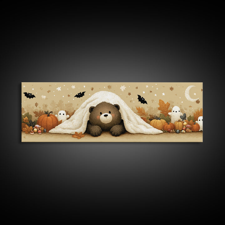 The Bear Cub Ghost, Plush Halloween Art, Extra Wide Wall Art, Canvas Print, Cute Halloween Wall Art, Cozy Autumn Kids Decor