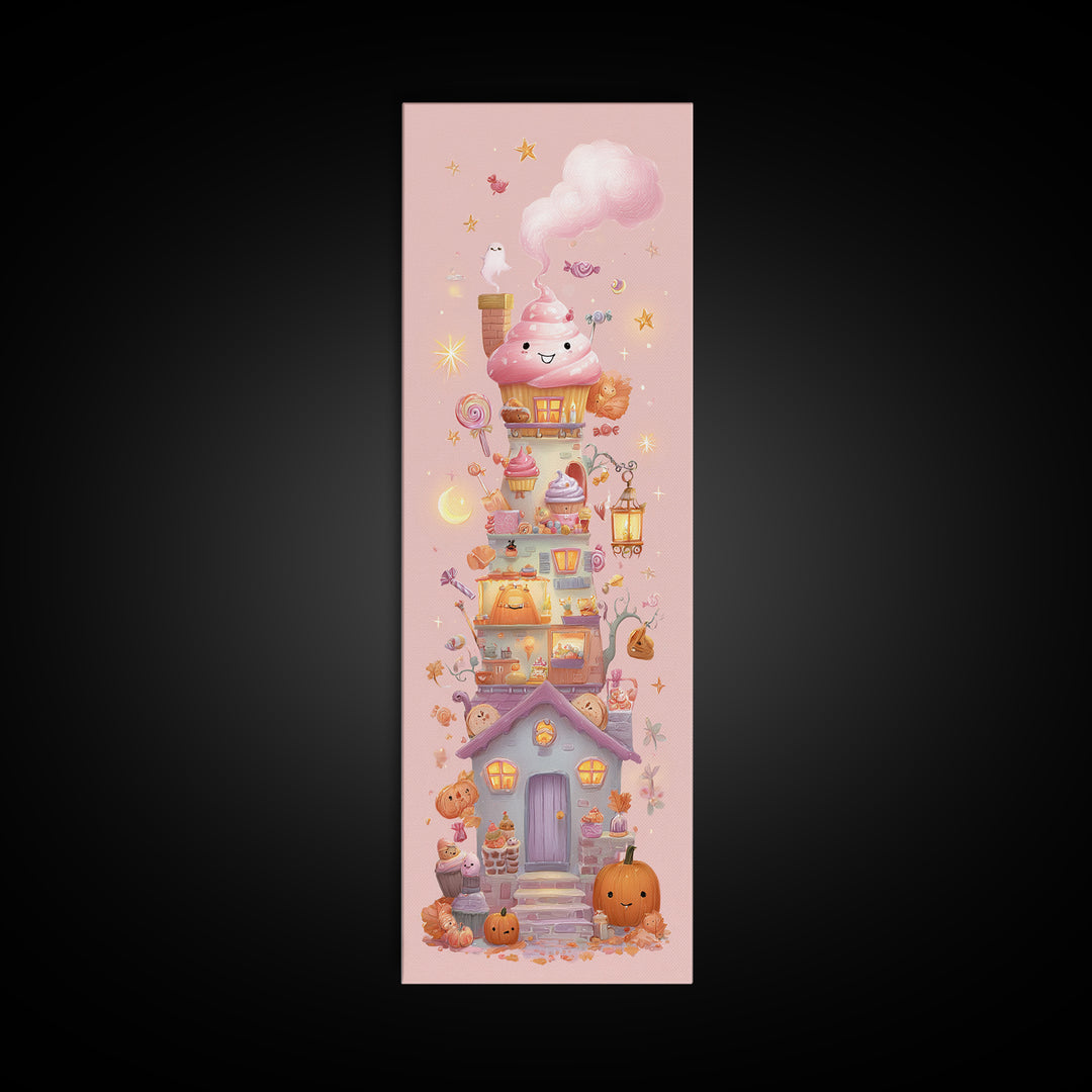 The Witch'S Cupcake Cottage, Kawaii Halloween Art, Tall Narrow Wall Art, Framed Canvas Print, Cute Halloween Wall Art