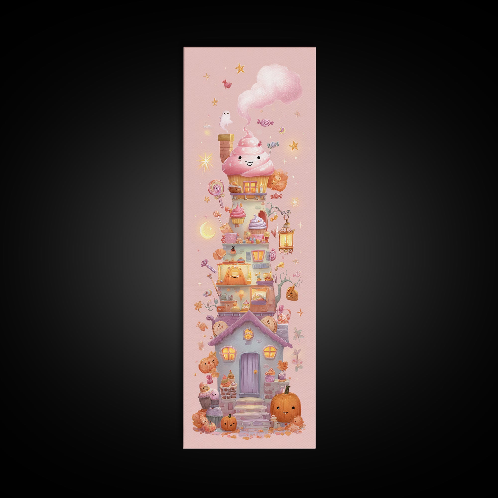 The Witch'S Cupcake Cottage, Kawaii Halloween Art, Tall Narrow Wall Art, Framed Canvas Print, Cute Halloween Wall Art