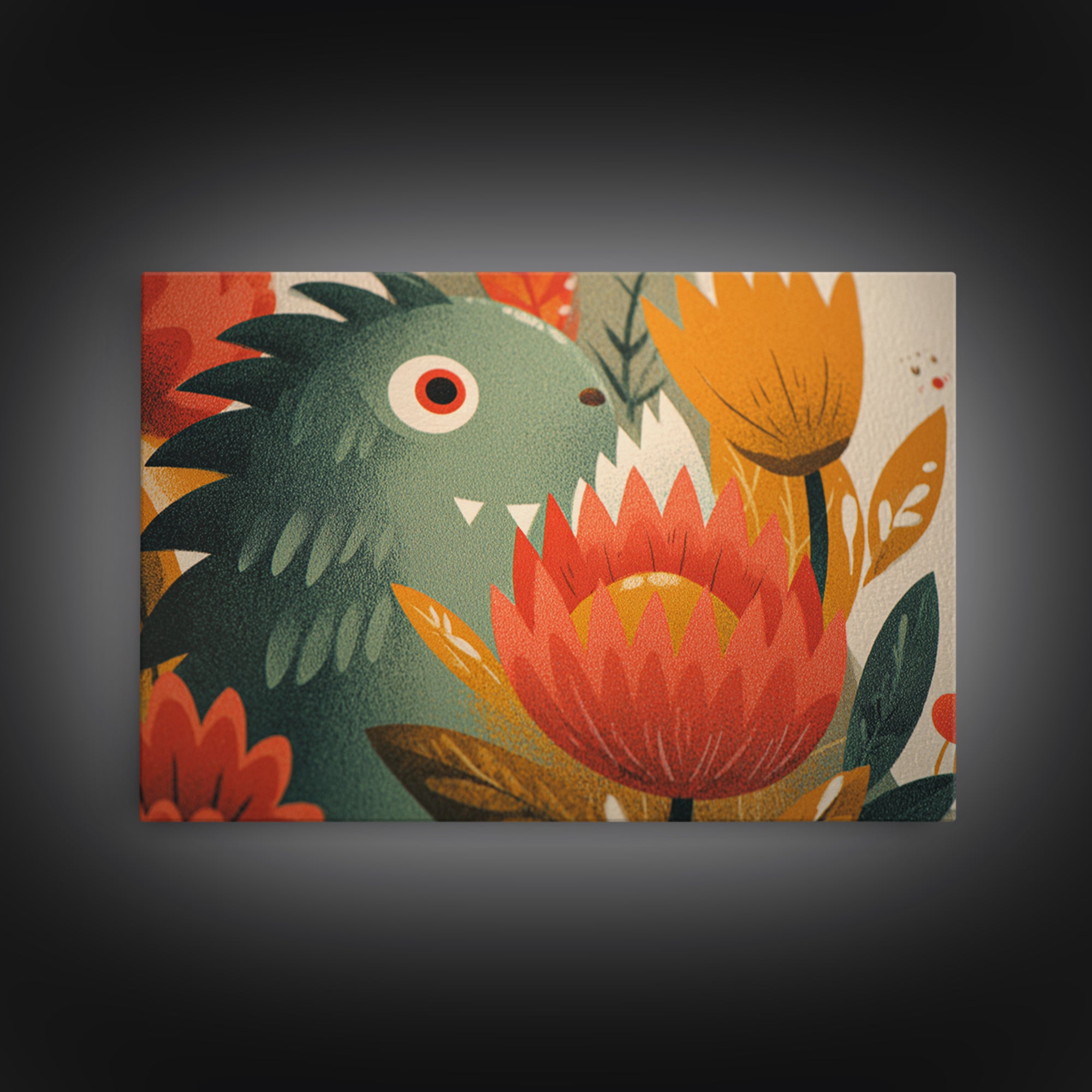 The Monster Flower Shop, Screenprint Halloween Art, Landscape Wall Art, Framed Canvas Print, Cute Halloween Wall Art