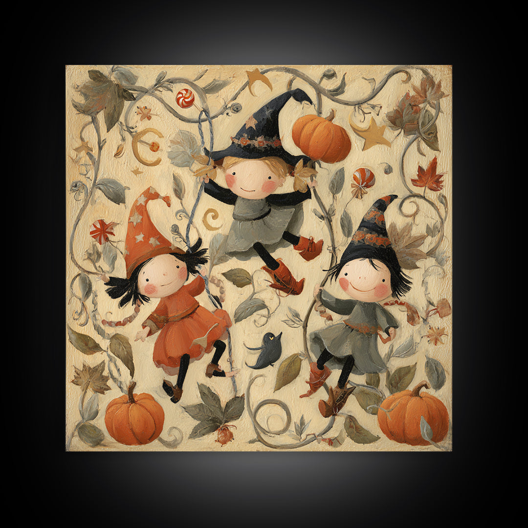 The Pumpkin Vine Swing, Folk Halloween Art, Square Wall Art, Canvas Print, Cute Halloween Wall Art, Halloween Kids Decor