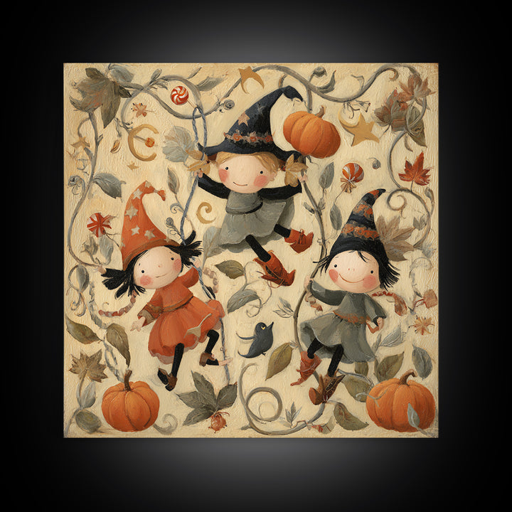The Pumpkin Vine Swing, Folk Halloween Art, Square Wall Art, Canvas Print, Cute Halloween Wall Art, Halloween Kids Decor