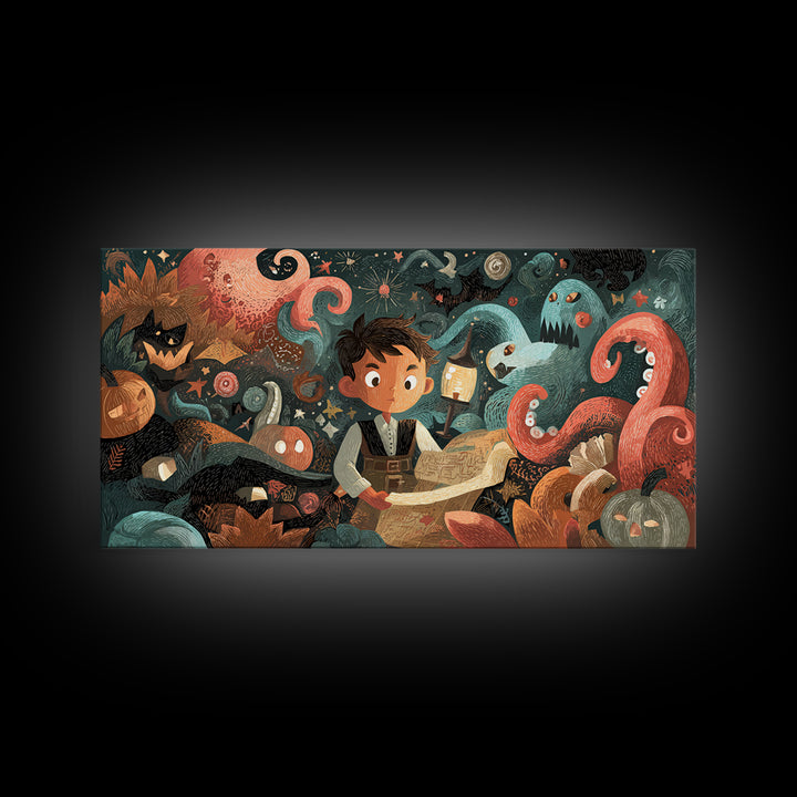 The Mapmaker Of Impossible Shores, Linocut Halloween Art, Wide Panoramic Art, Framed Canvas Print, Cute Halloween Wall Art