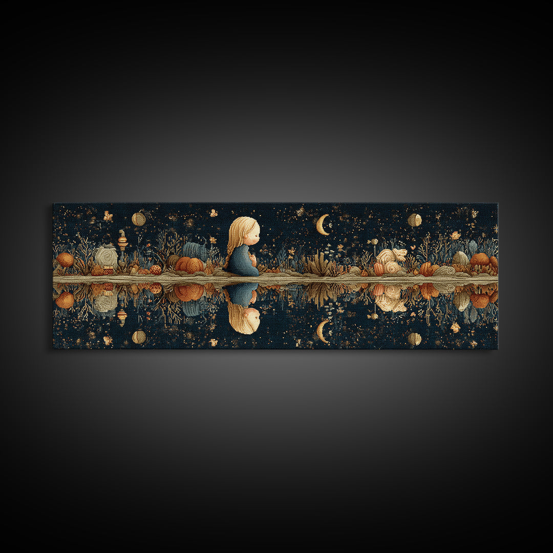 The Mirror Lake Of Lost Constellations, Embroidered Halloween Art, Extra Wide Wall Art, Canvas Print, Cute Halloween Wall Art