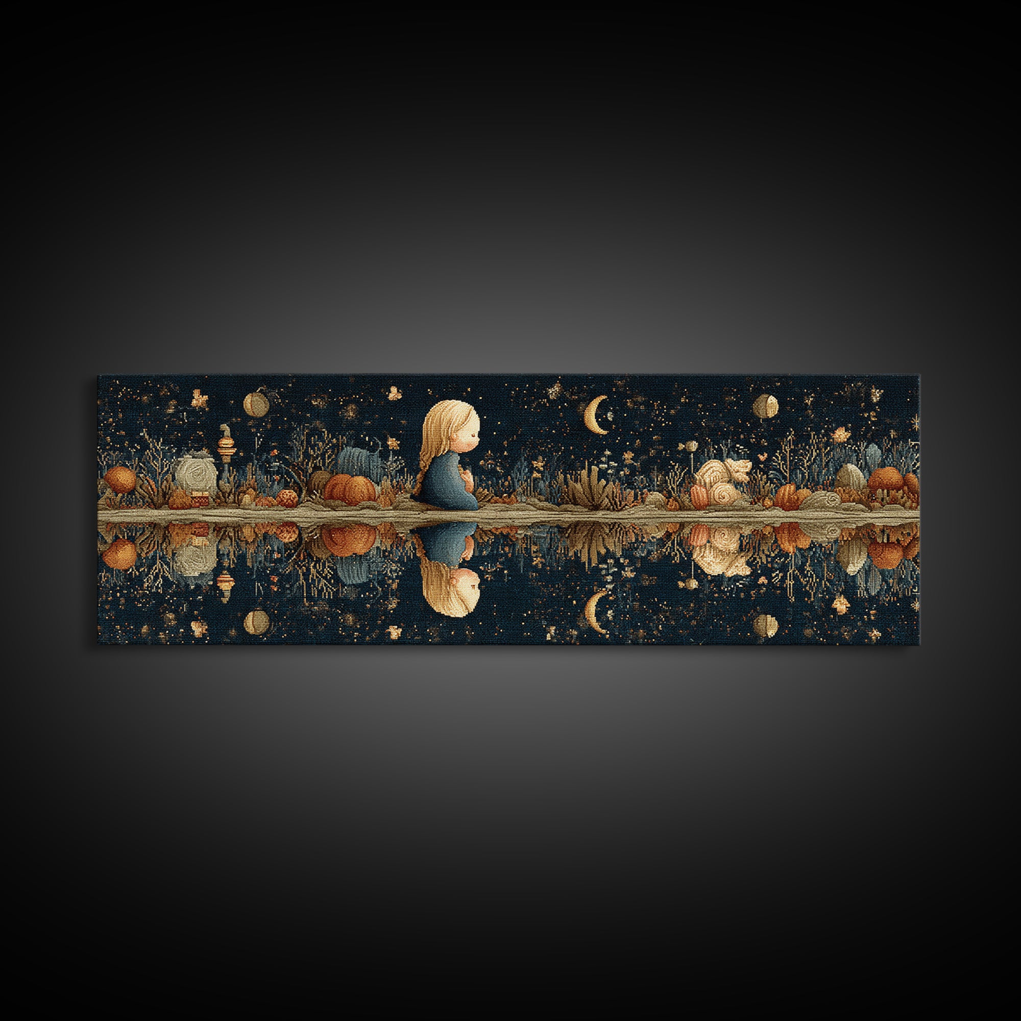 The Mirror Lake Of Lost Constellations, Embroidered Halloween Art, Extra Wide Wall Art, Canvas Print, Cute Halloween Wall Art