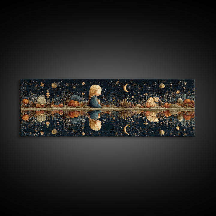 The Mirror Lake Of Lost Constellations, Embroidered Halloween Art, Extra Wide Wall Art, Canvas Print, Cute Halloween Wall Art