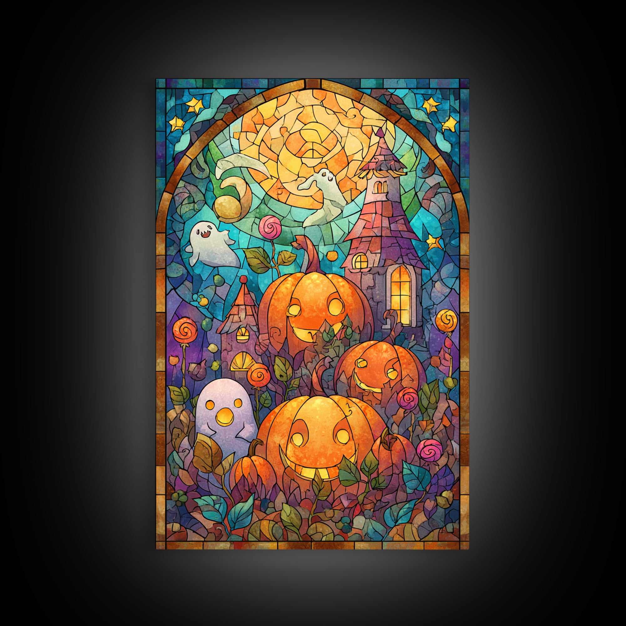 The Starry Pumpkin Farm, Stained Glass Halloween, Vertical Wall Art, Canvas Print, Cute Halloween Wall Art