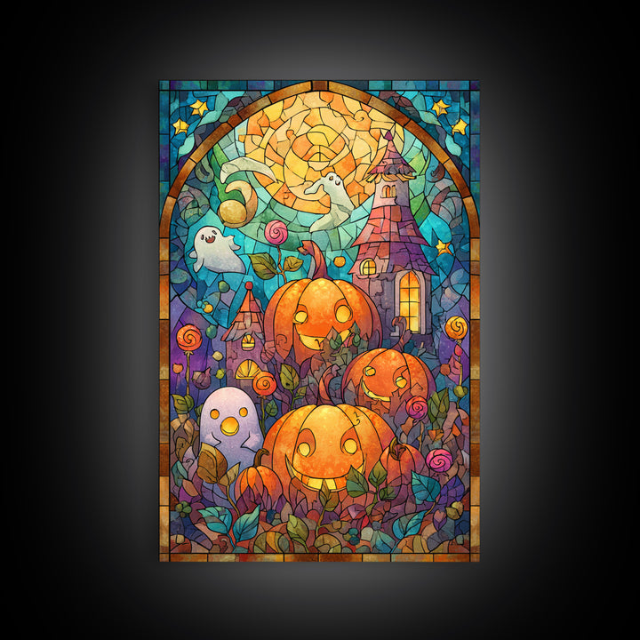 The Starry Pumpkin Farm, Stained Glass Halloween, Vertical Wall Art, Canvas Print, Cute Halloween Wall Art