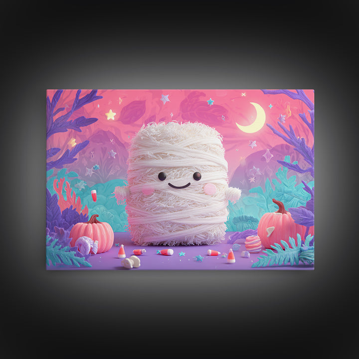 The Popcorn Mummy, Vaporwave Halloween Art, Landscape Wall Art, Framed Canvas Print, Cute Halloween Wall Art