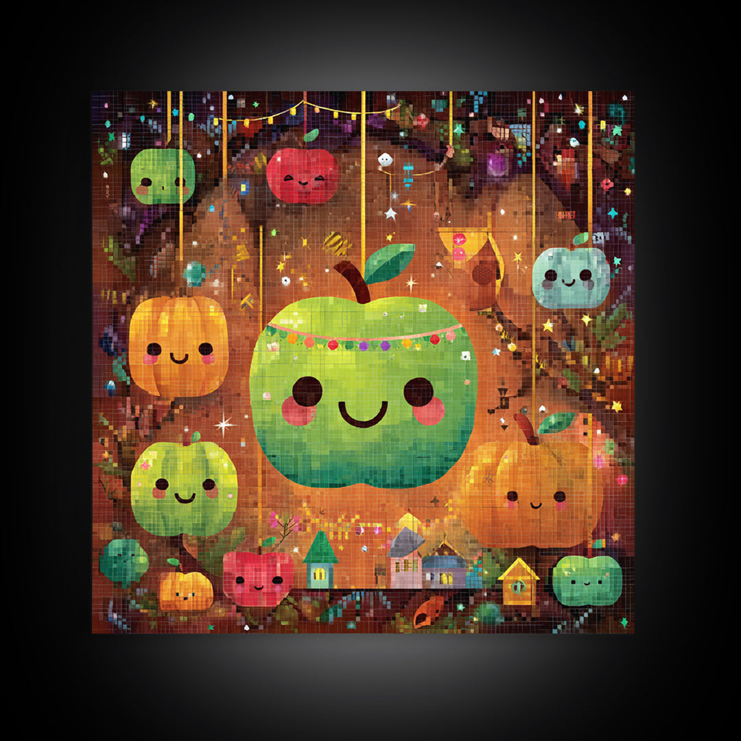 The Candy Apple Dance, Pixel Halloween Art, Square Wall Art, Canvas Print, Cute Halloween Wall Art, Halloween Kids Decor