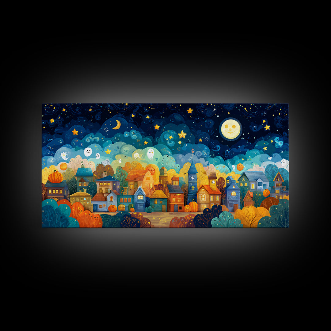 The Rainbow Halloween Night, Vector Halloween Art, Wide Panoramic Art, Framed Canvas Print, Cute Halloween Wall Art