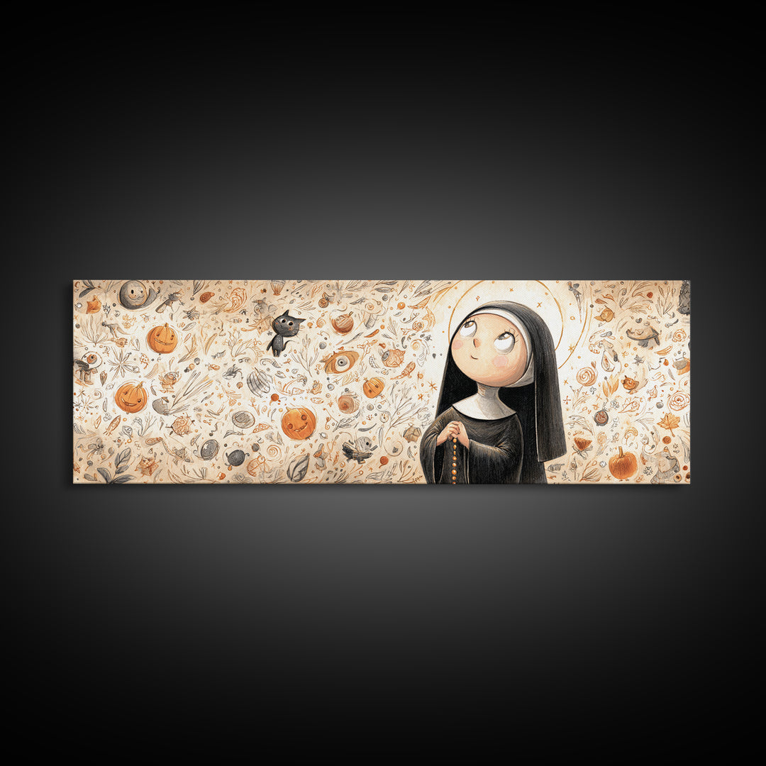 The Nun Of The Endless Constellation, Hand Sketch Halloween Art, Extra Wide Wall Art, Canvas Print, Cute Halloween Wall Art, Storybook Decor