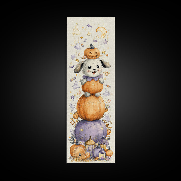 The Pumpkin Puppy, Watercolor Halloween Art, Tall Narrow Wall Art, Framed Canvas Print, Cute Halloween Wall Art