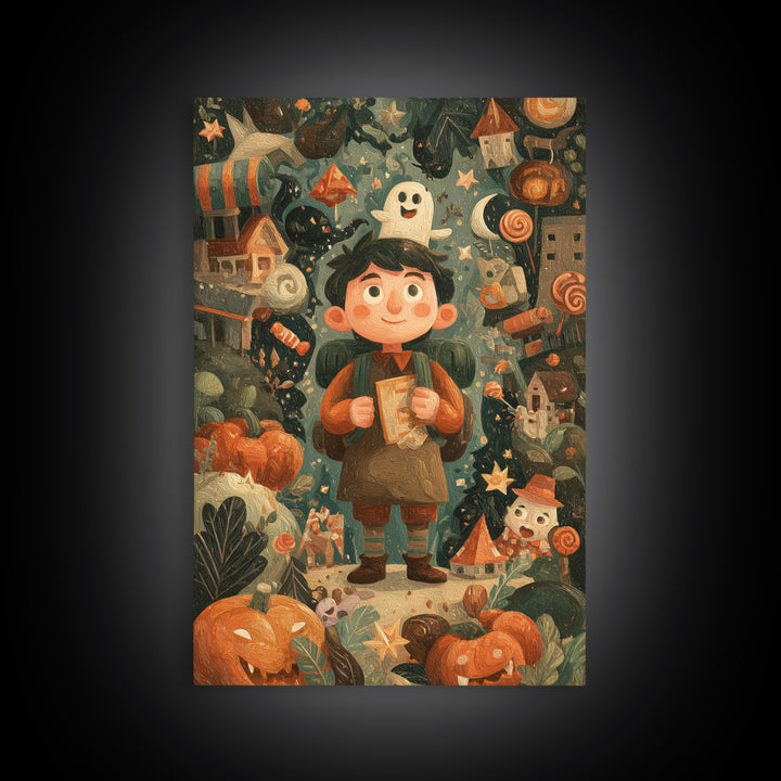 The Candy Map Adventurers, Gouache Halloween Art, Vertical Wall Art, Canvas Print, Cute Halloween Wall Art