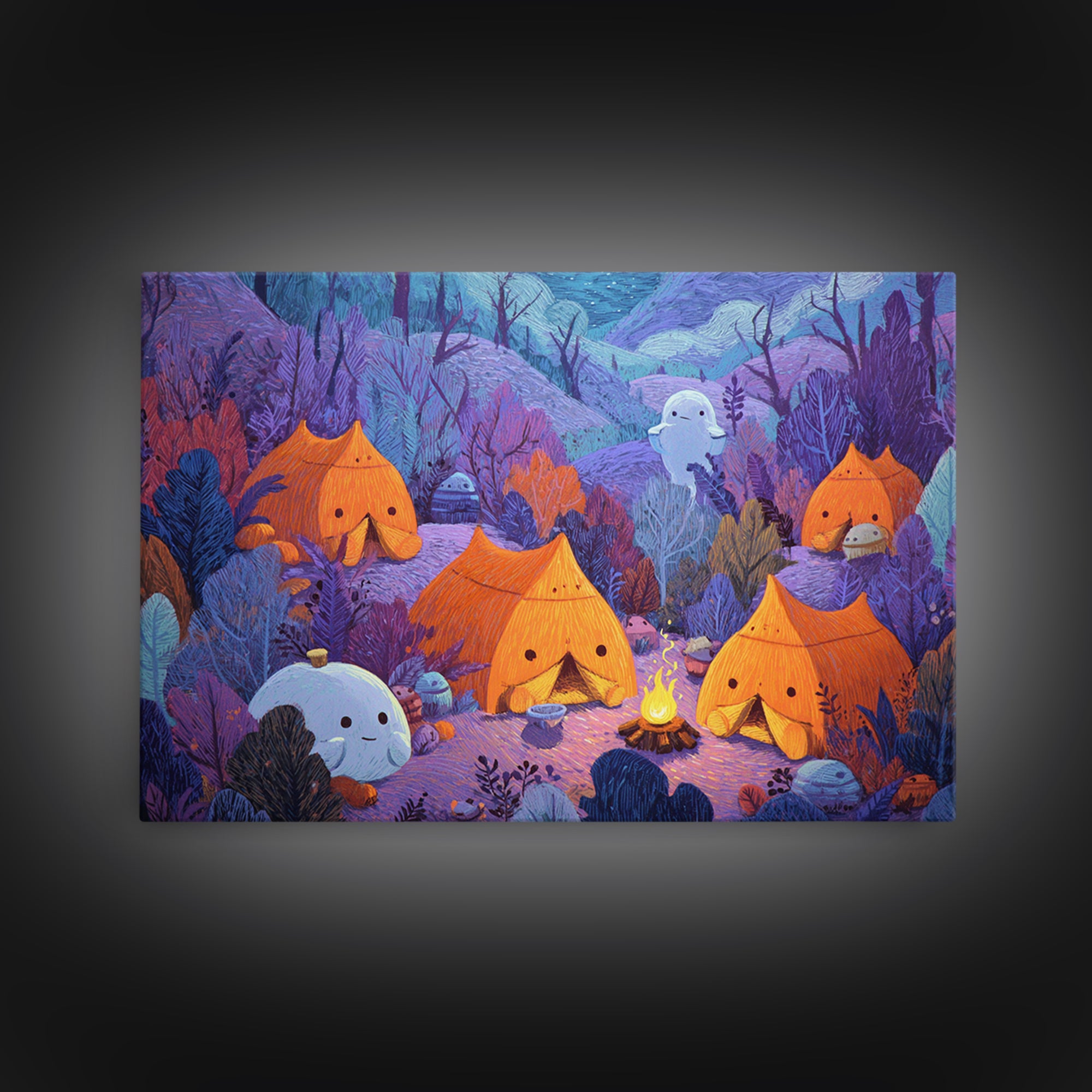 The Pumpkin Campout, Crayon Halloween Art, Landscape Wall Art, Framed Canvas Print, Cute Halloween Wall Art