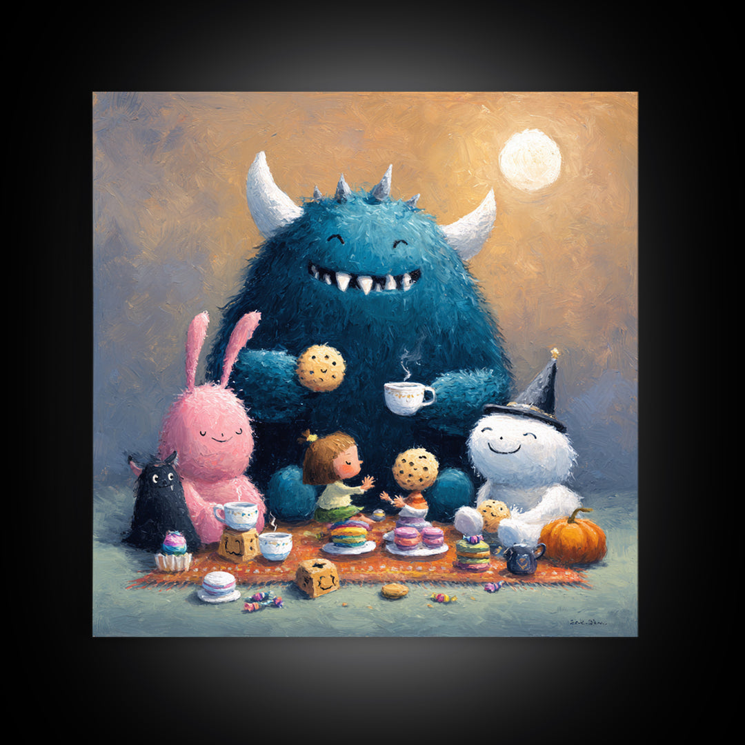 The Monster Under The Bed Tea Party, Pastel Halloween Art, Square Wall Art, Canvas Print, Cute Halloween Wall Art