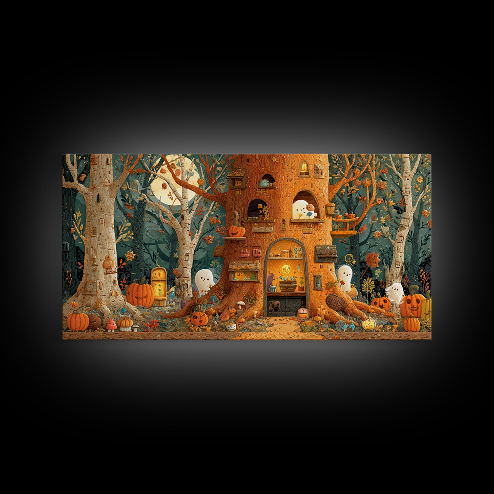 The Cozy Hollow Tree, Paper Collage Halloween, Wide Panoramic Art, Framed Canvas Print, Cute Halloween Wall Art
