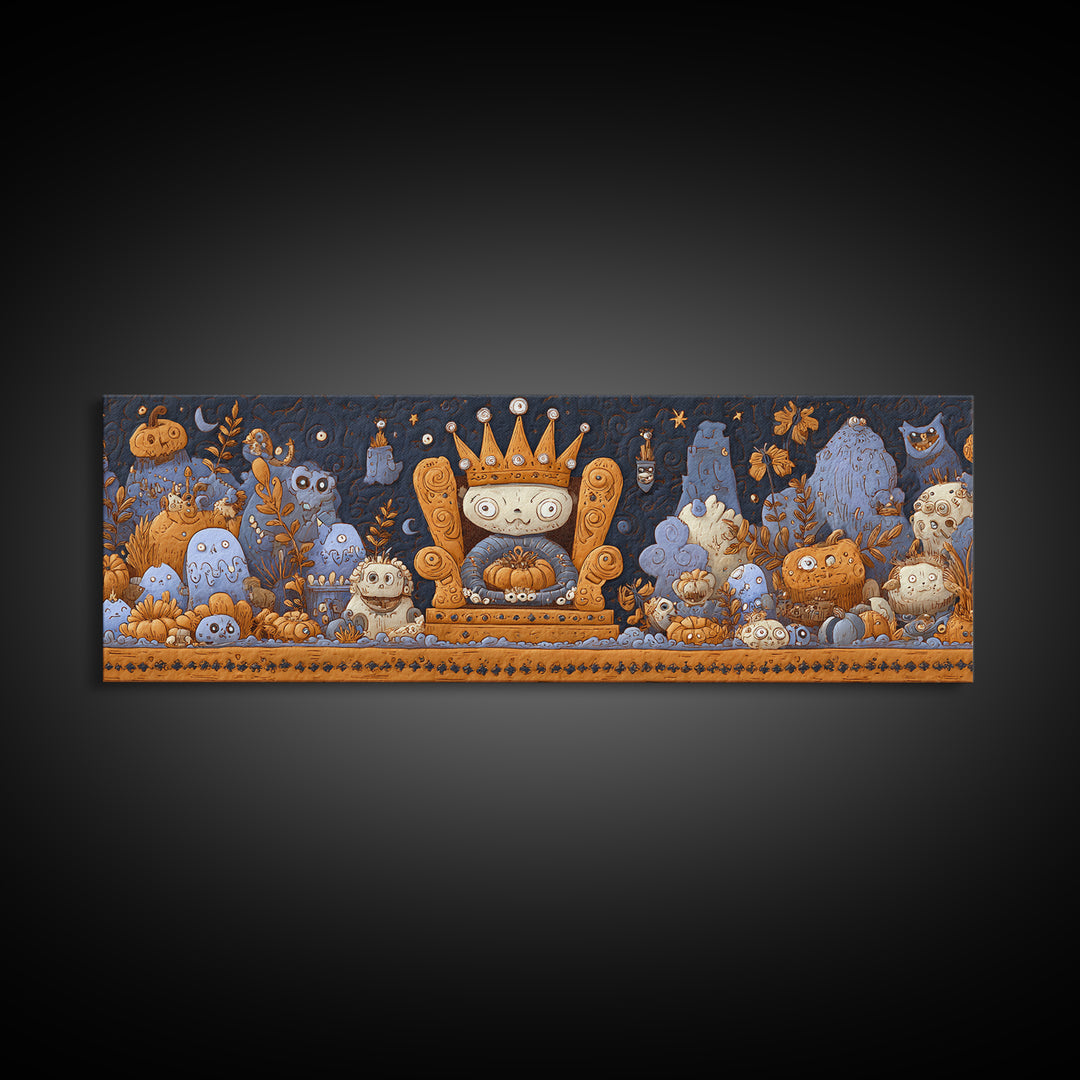 The Watcher In The Coral Throne, Felt Halloween Art, Extra Wide Wall Art, Canvas Print, Cute Halloween Wall Art