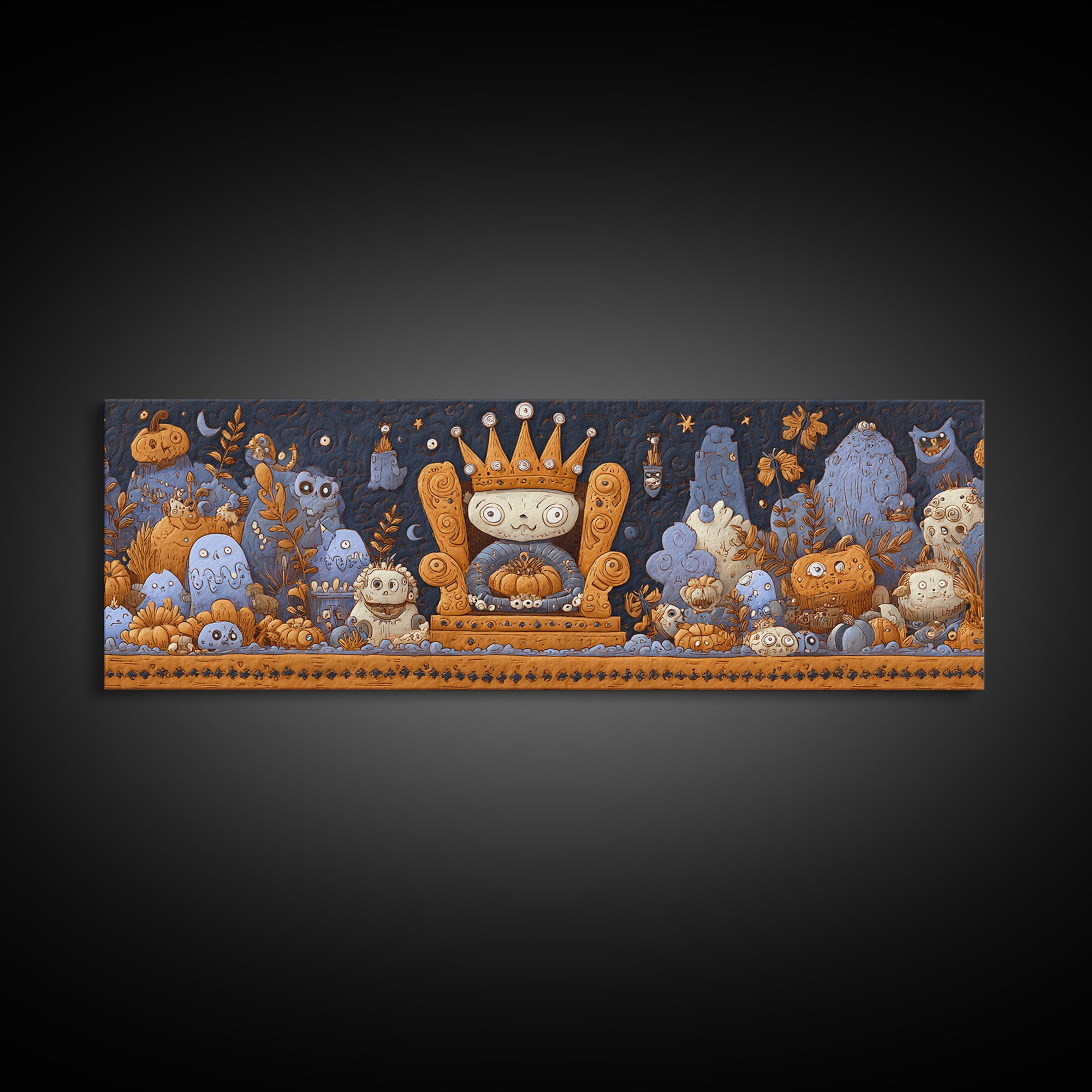 The Watcher In The Coral Throne, Felt Halloween Art, Extra Wide Wall Art, Canvas Print, Cute Halloween Wall Art