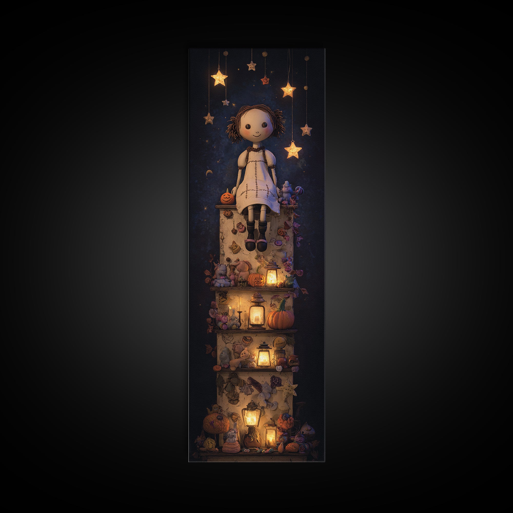 The Doll From Beyond The Void, Clay Halloween Art, Tall Narrow Wall Art, Framed Canvas Print, Cute Halloween Wall Art