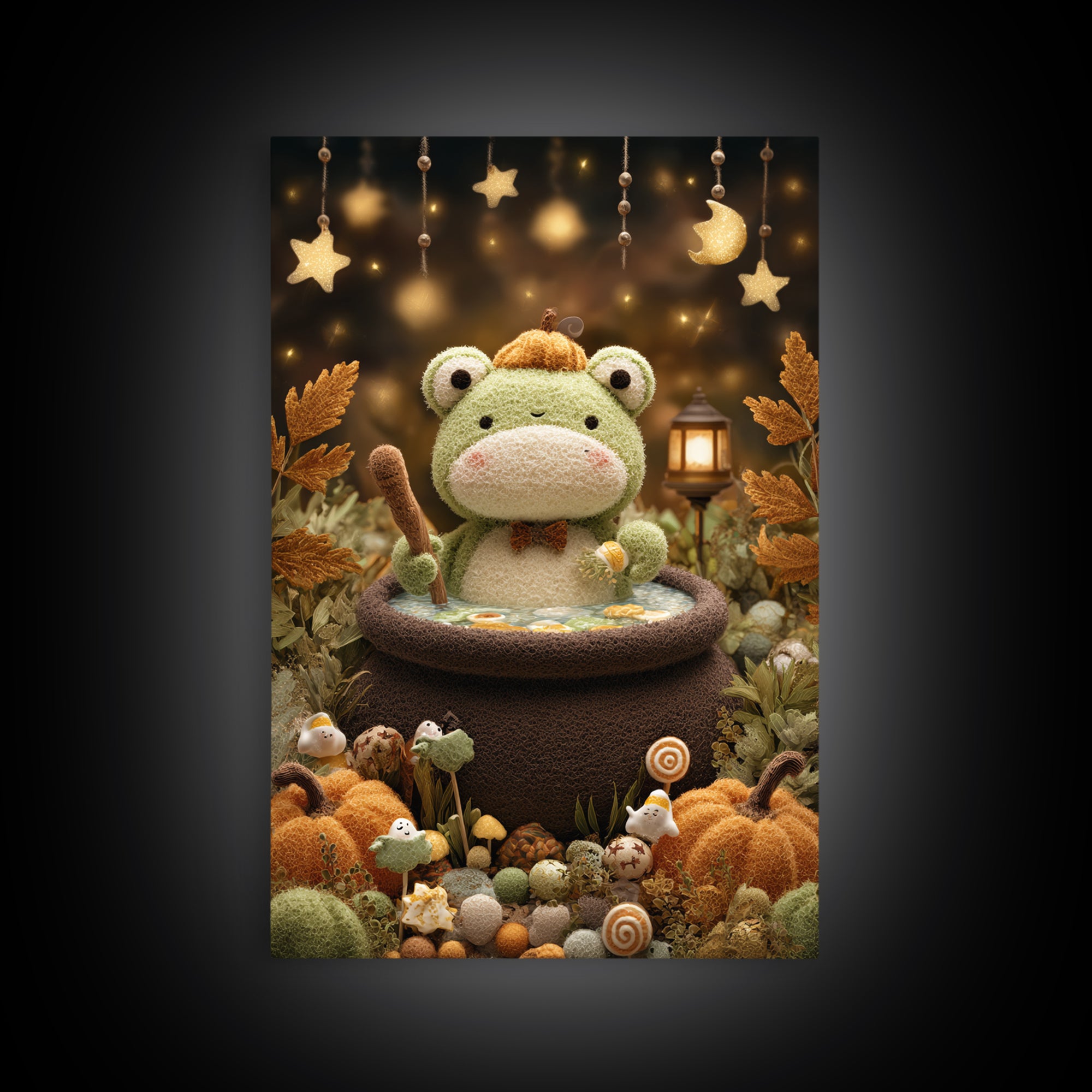 The Cauldron Frog, Plush Halloween Art, Vertical Wall Art, Canvas Print, Cute Halloween Wall Art, Whimsical Nursery Decor