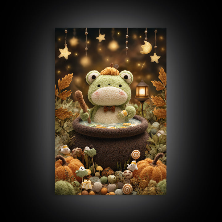 The Cauldron Frog, Plush Halloween Art, Vertical Wall Art, Canvas Print, Cute Halloween Wall Art, Whimsical Nursery Decor