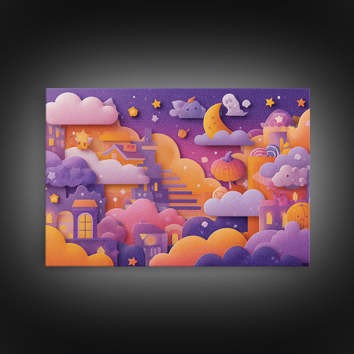 The Halloween Cloud Kingdom, Kawaii Halloween Art, Landscape Wall Art, Framed Canvas Print, Cute Halloween Wall Art