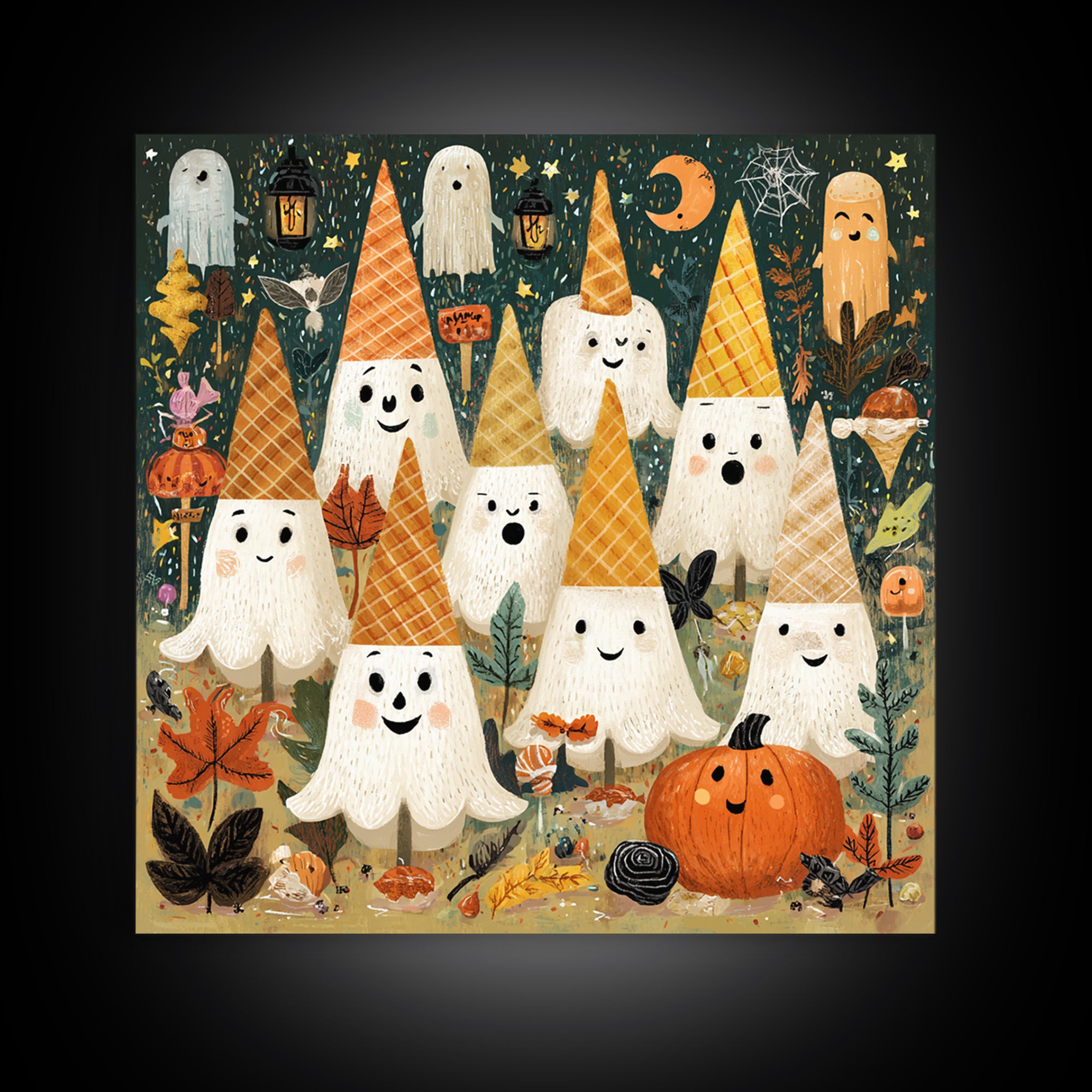 The Ice-Cream Ghost Parade, Retro Halloween Art, Square Wall Art, Canvas Print, Cute Halloween Wall Art