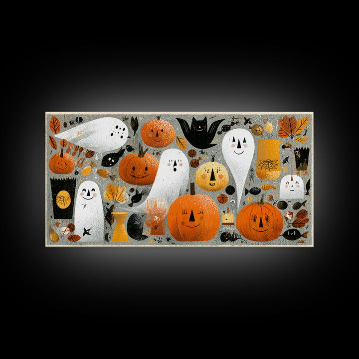 The Halloween Craft Table, Screenprint Halloween Art, Wide Panoramic Art, Framed Canvas Print, Cute Halloween Wall Art