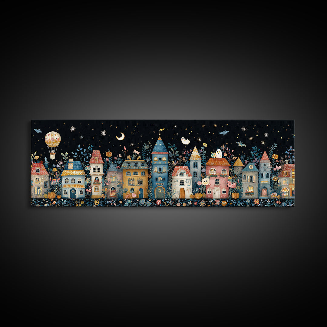The Ghost Balloon City, Folk Halloween Art, Extra Wide Wall Art, Canvas Print, Cute Halloween Wall Art