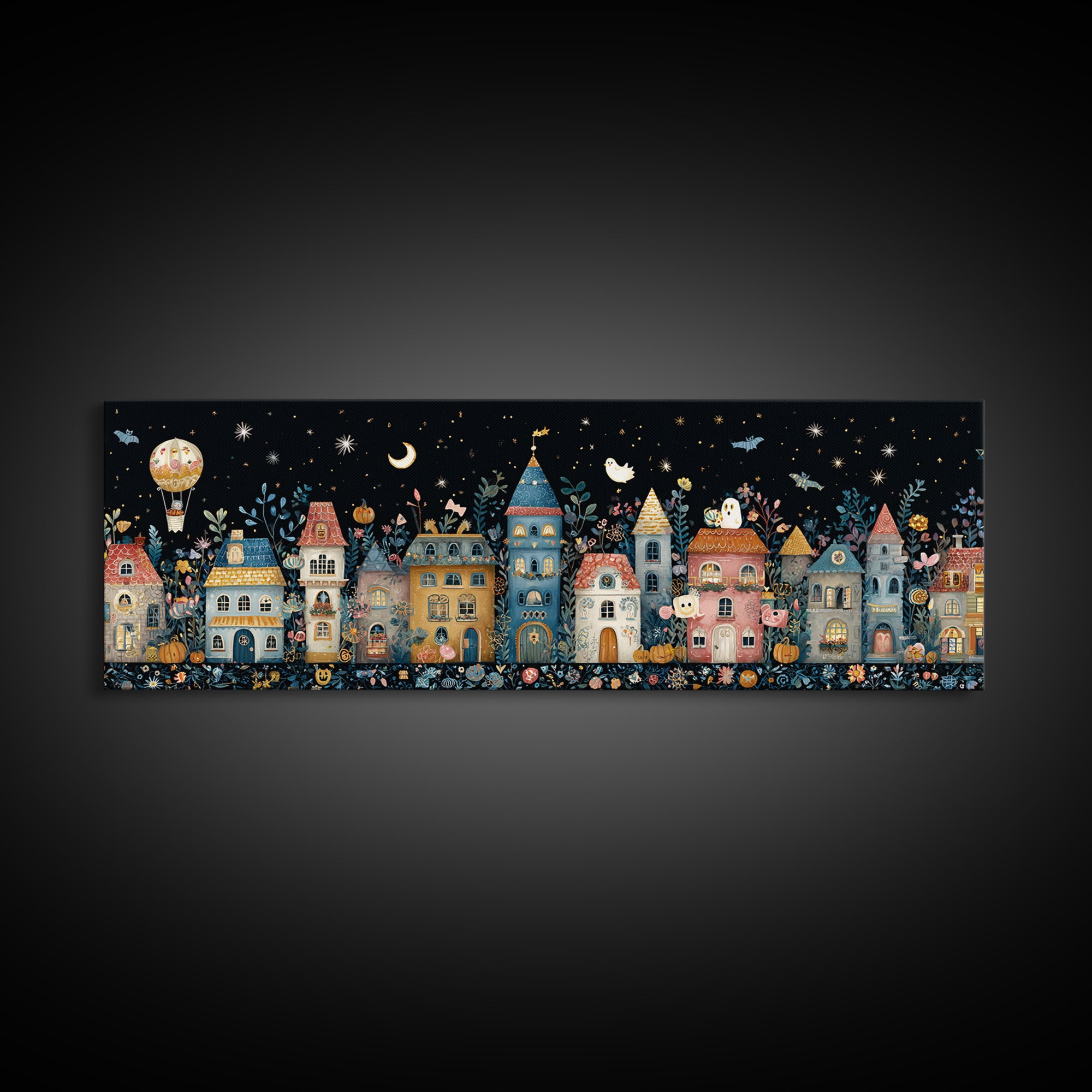 The Ghost Balloon City, Folk Halloween Art, Extra Wide Wall Art, Canvas Print, Cute Halloween Wall Art